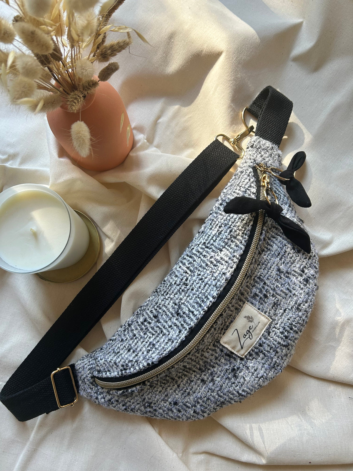 Sac banane femme hiver | Laine mélangée gris noir blanc & doublure noireSac Femme Zage Colorful Life