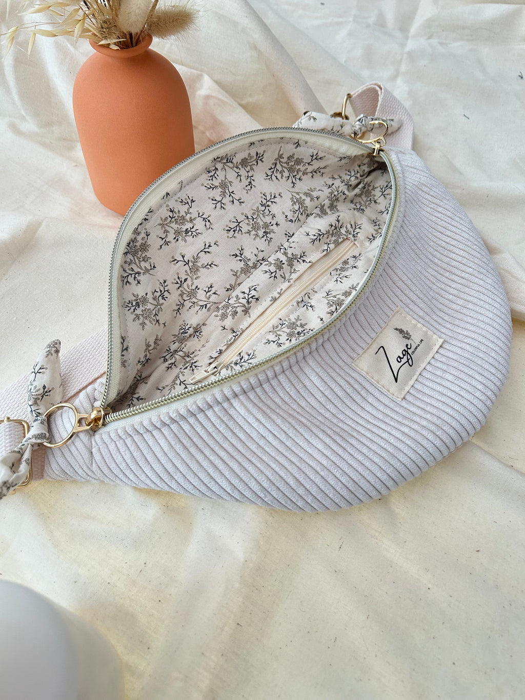Sac banane femme hiver | Velours côtelé écru  & doublure fleurieSac Femme Zage Colorful Life