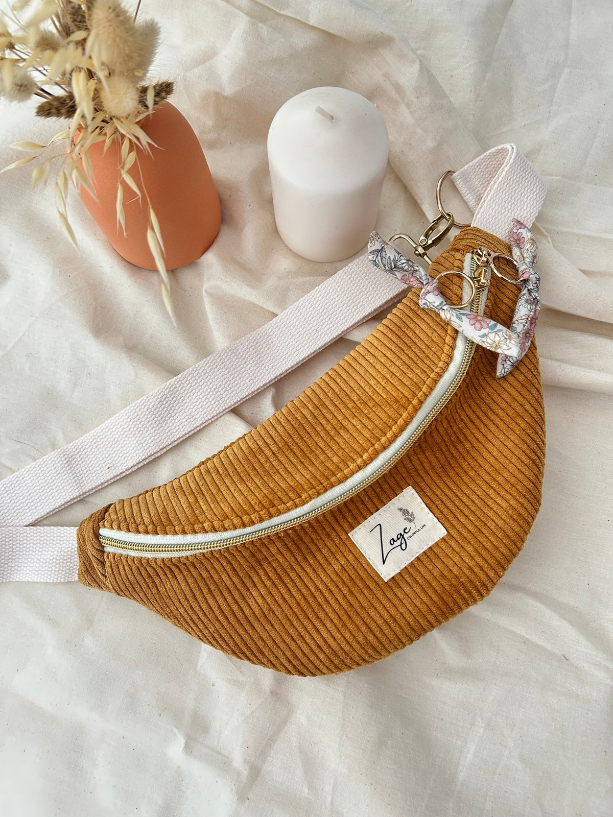 Sac banane femme hiver | Velours côtelé moutarde & doublure fleurieSac Femme Zage Colorful Life