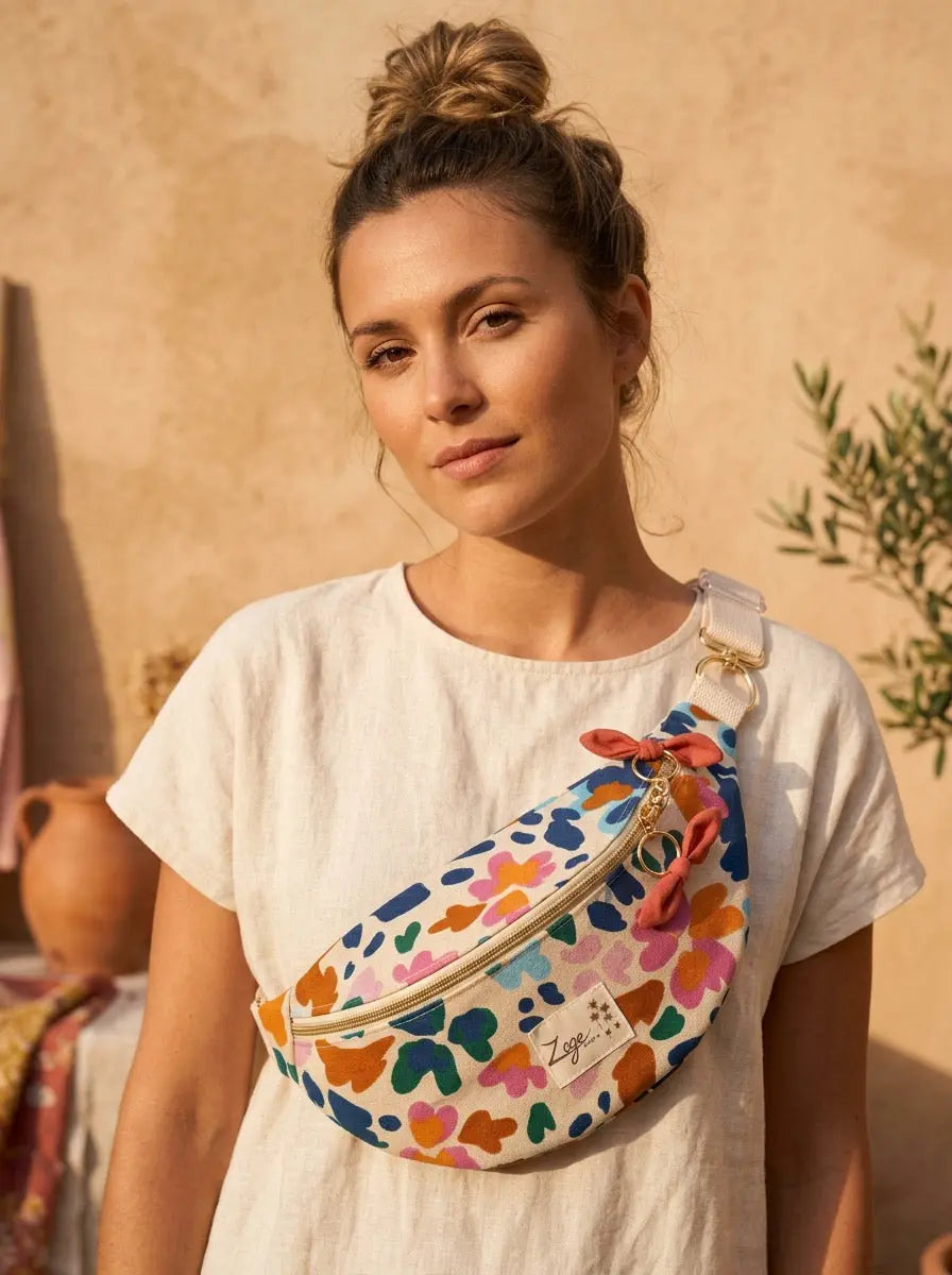 Sac Banane Femme | Toile de coton fleurie multicolore & doublure TerracottaSac Femme Zage Colorful Life