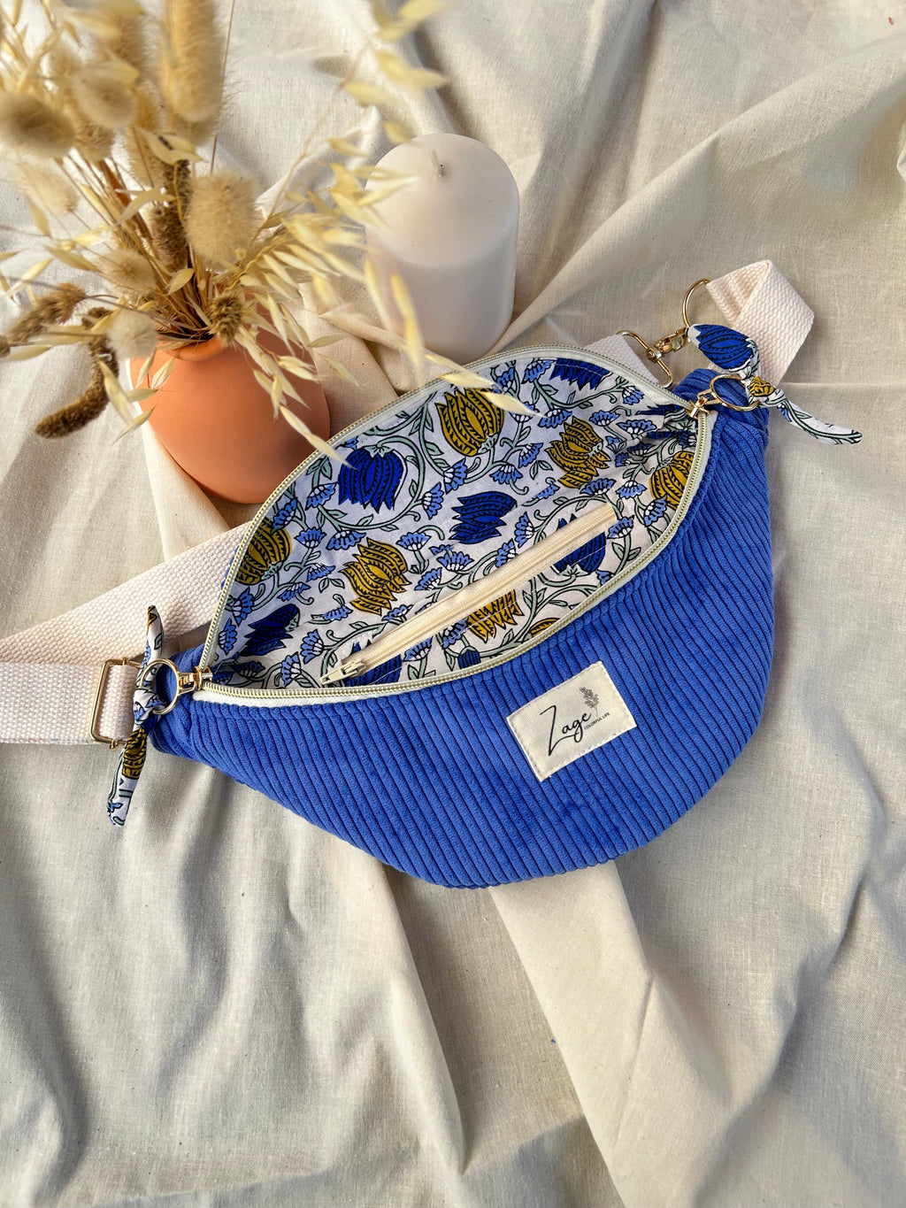 Sac banane femme hiver | Velours côtelé bleu roi & doublure indy fleuriSac Femme Zage Colorful Life