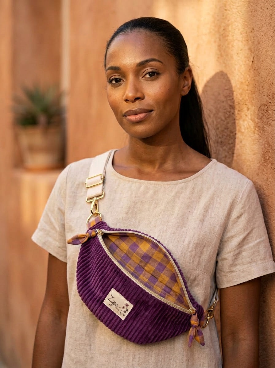 Sac banane femme hiver | Velours côtelé violet & doublure seersucker carreaux violet jauneSac Femme Zage Colorful Life