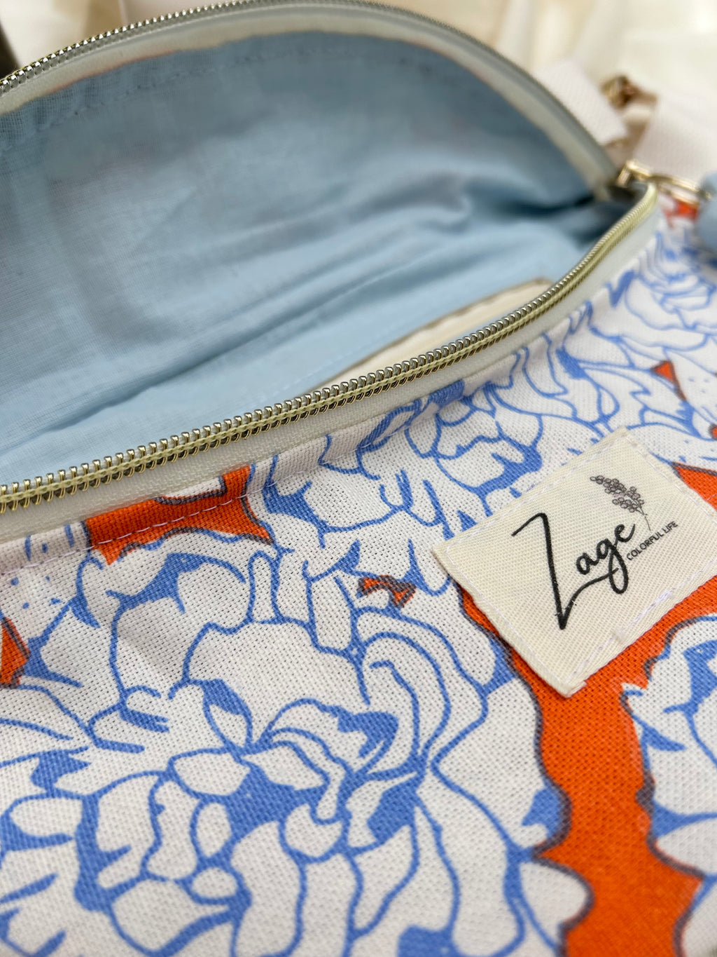 Sac Banane Femme | Toile de coton fleuri orange & doublure bleu clairSac Femme Zage Colorful Life