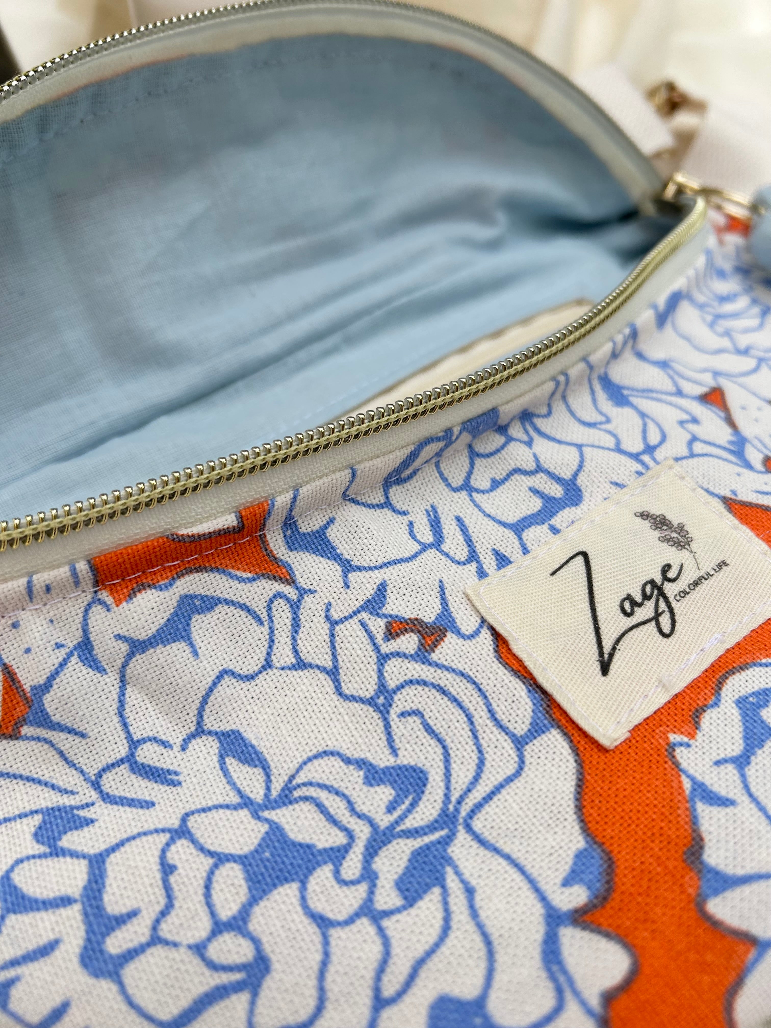Sac Banane Femme | Toile de coton fleuri orange & doublure bleu clairSac Femme Zage Colorful Life