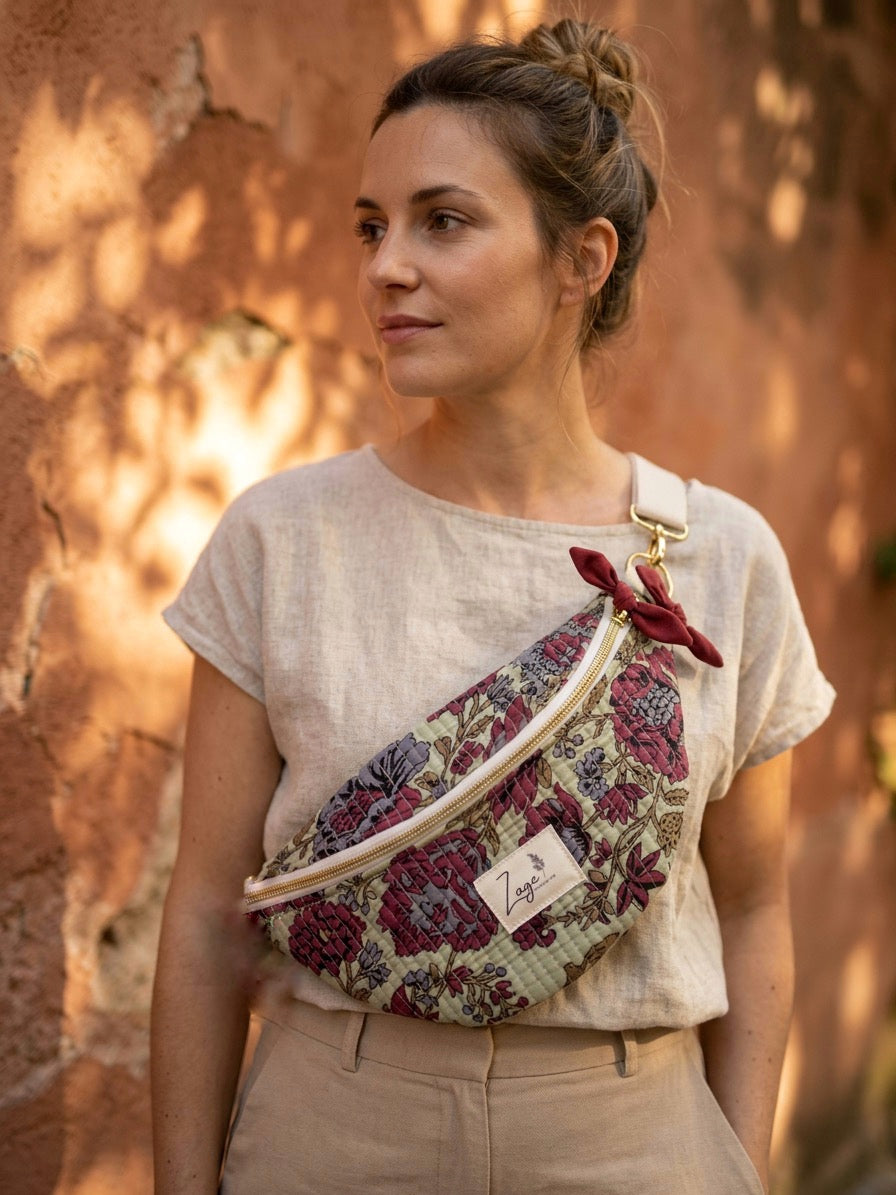 Sac banane femme Matelassé | Tissu matelassé vert fleuri & doublureSac Femme Zage Colorful Life