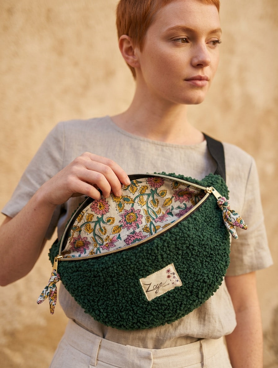 Sac Banane Femme fête | Bouclette vert foncé & doublure tissu indien fleuriSac Femme Zage Colorful Life