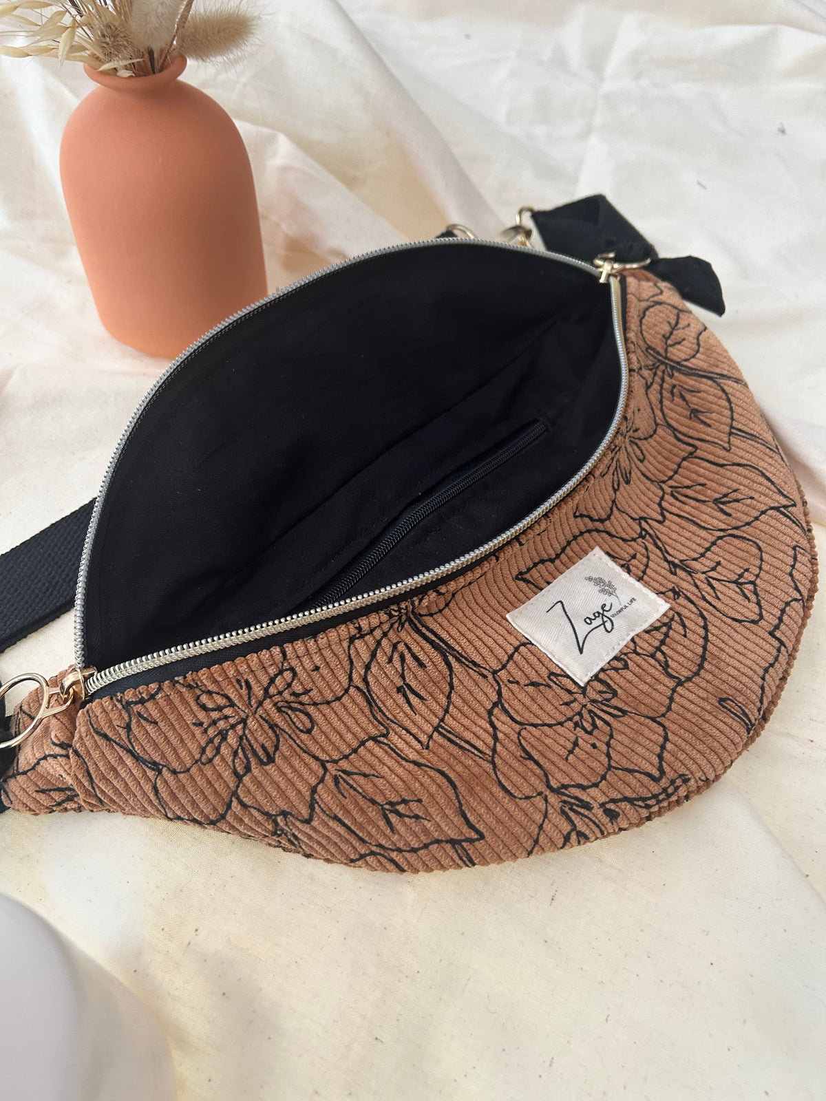 Sac banane femme hiver | Velours côtelé marron fleuri & doublure noireSac Femme Zage Colorful Life