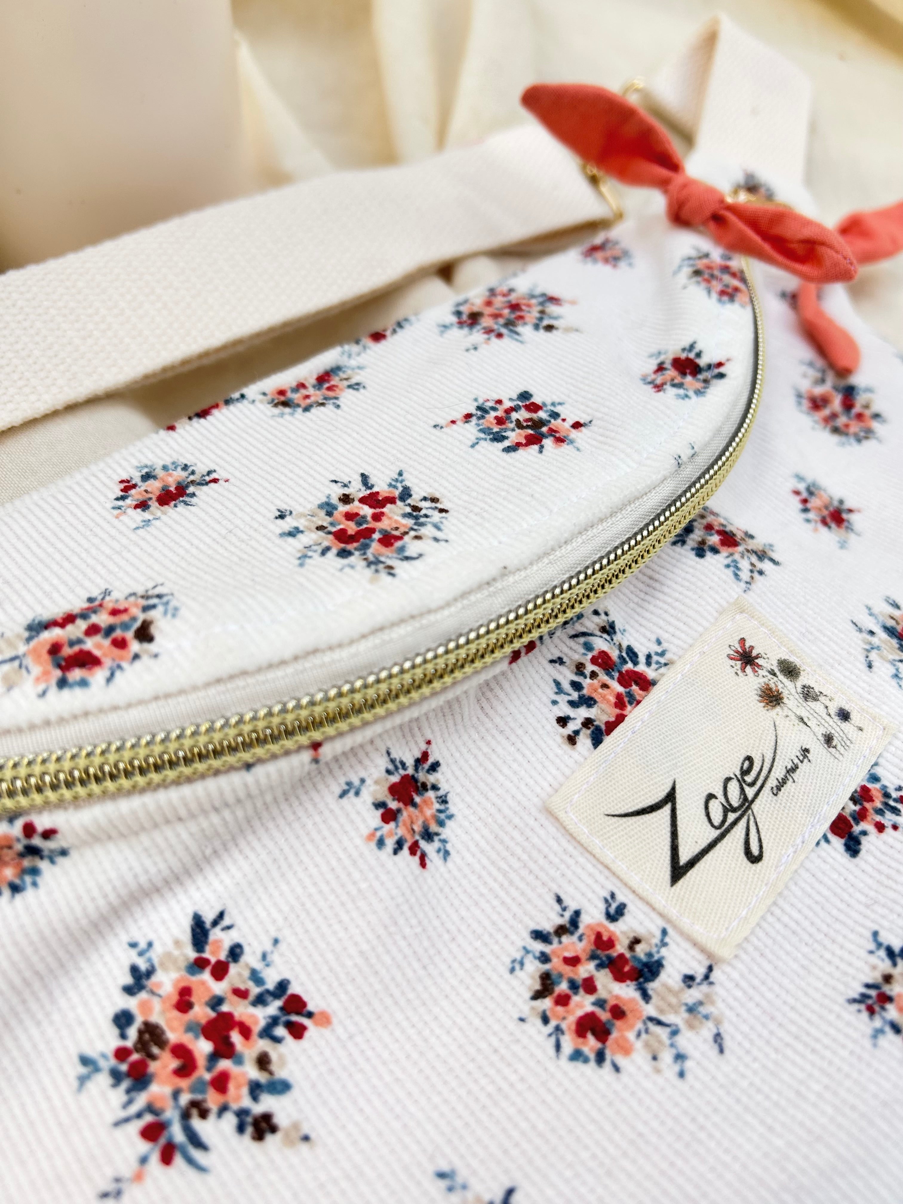 Sac banane femme Hiver | Velours côtelé blanc et fleuri & doublure roseSac Femme Zage Colorful Life