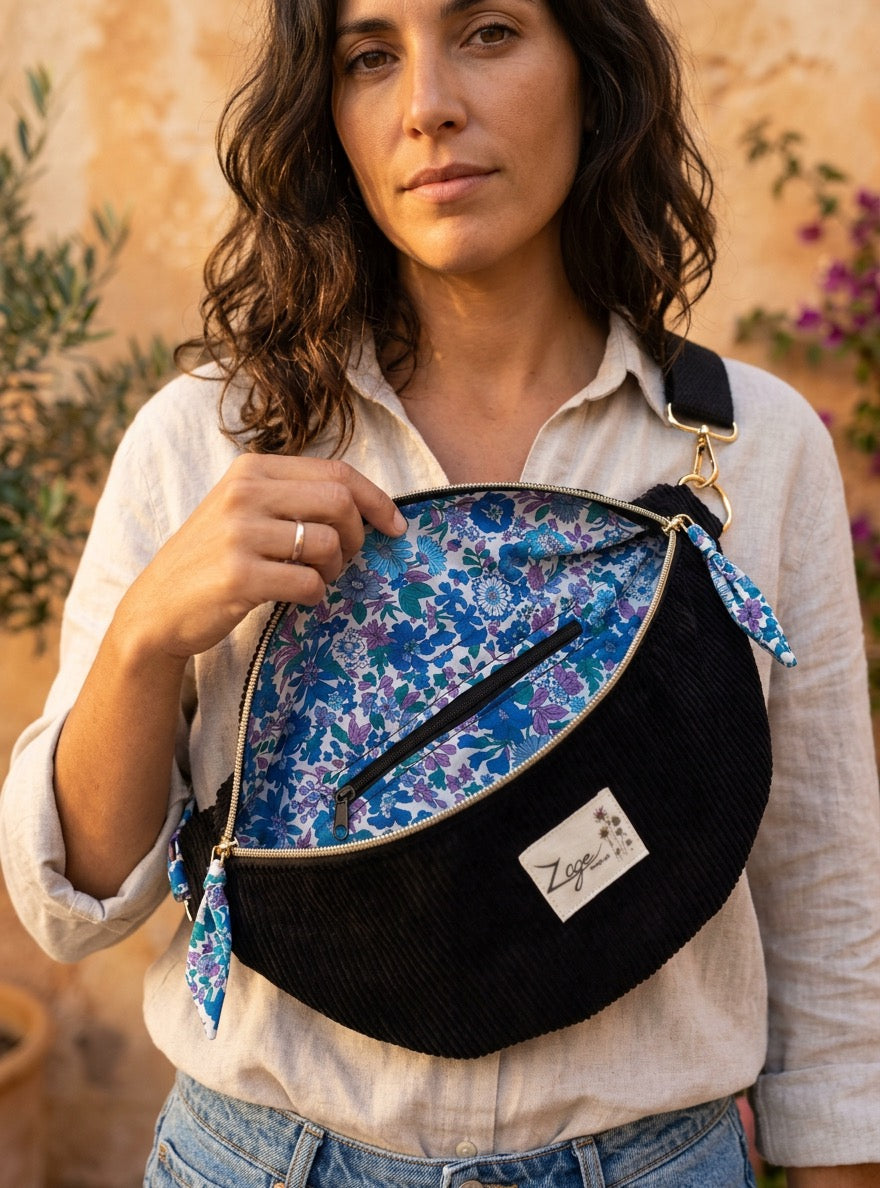 Sac banane femme hiver | Velours côtelé bleu marine & doublure liberty bleueSac Femme Zage Colorful Life