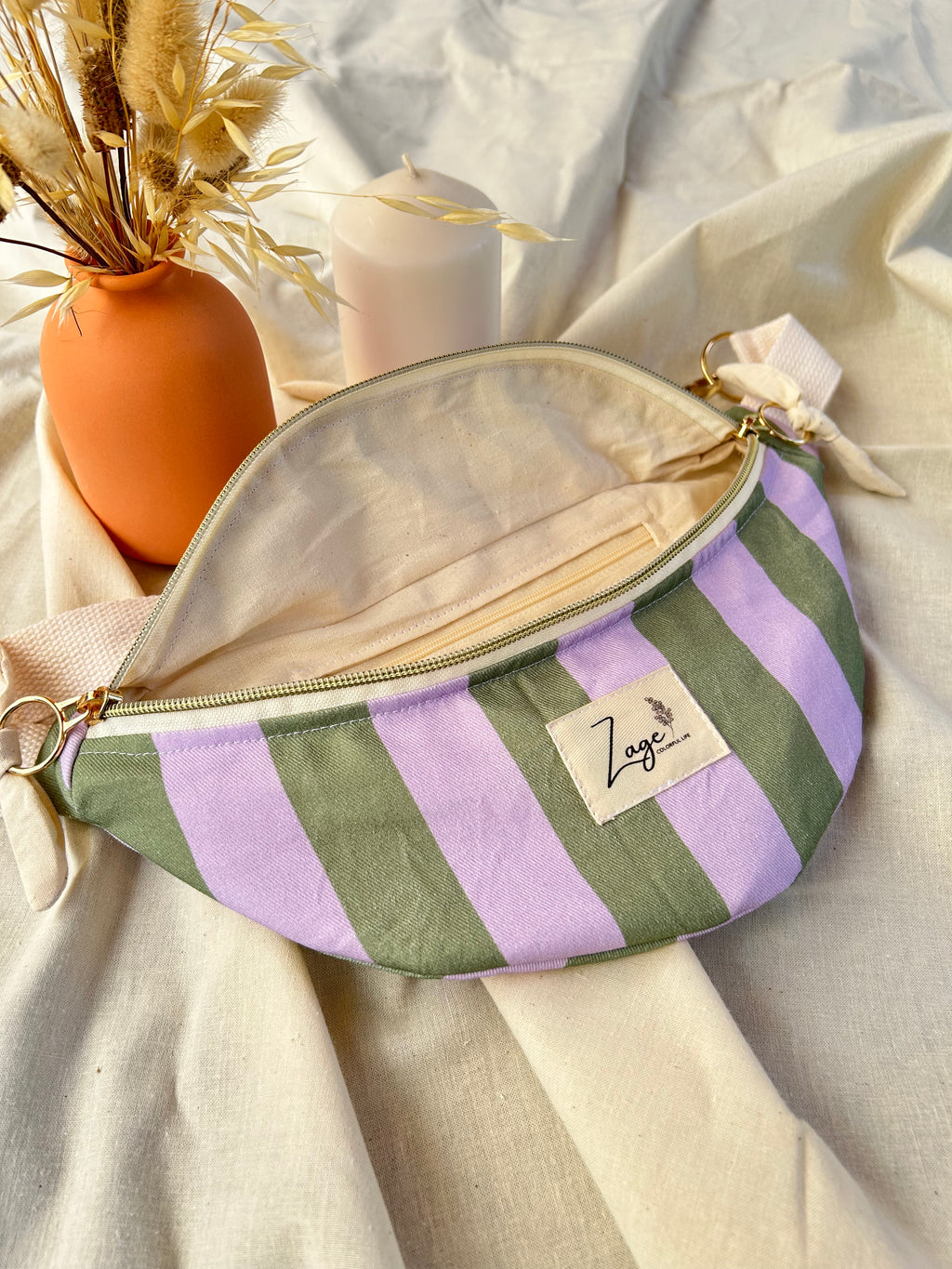 Sac banane femme Eté | Sergé de coton vert et lilas & doublure beigeSac Femme Zage Colorful Life