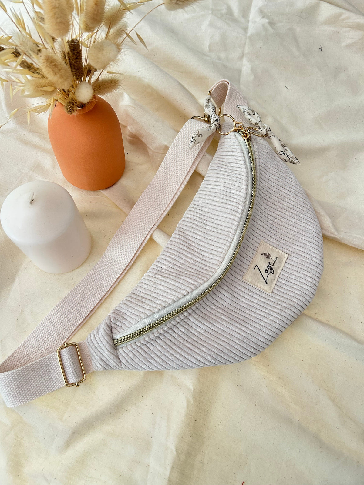 Sac banane femme hiver | Velours côtelé écru  & doublure fleurieSac Femme Zage Colorful Life