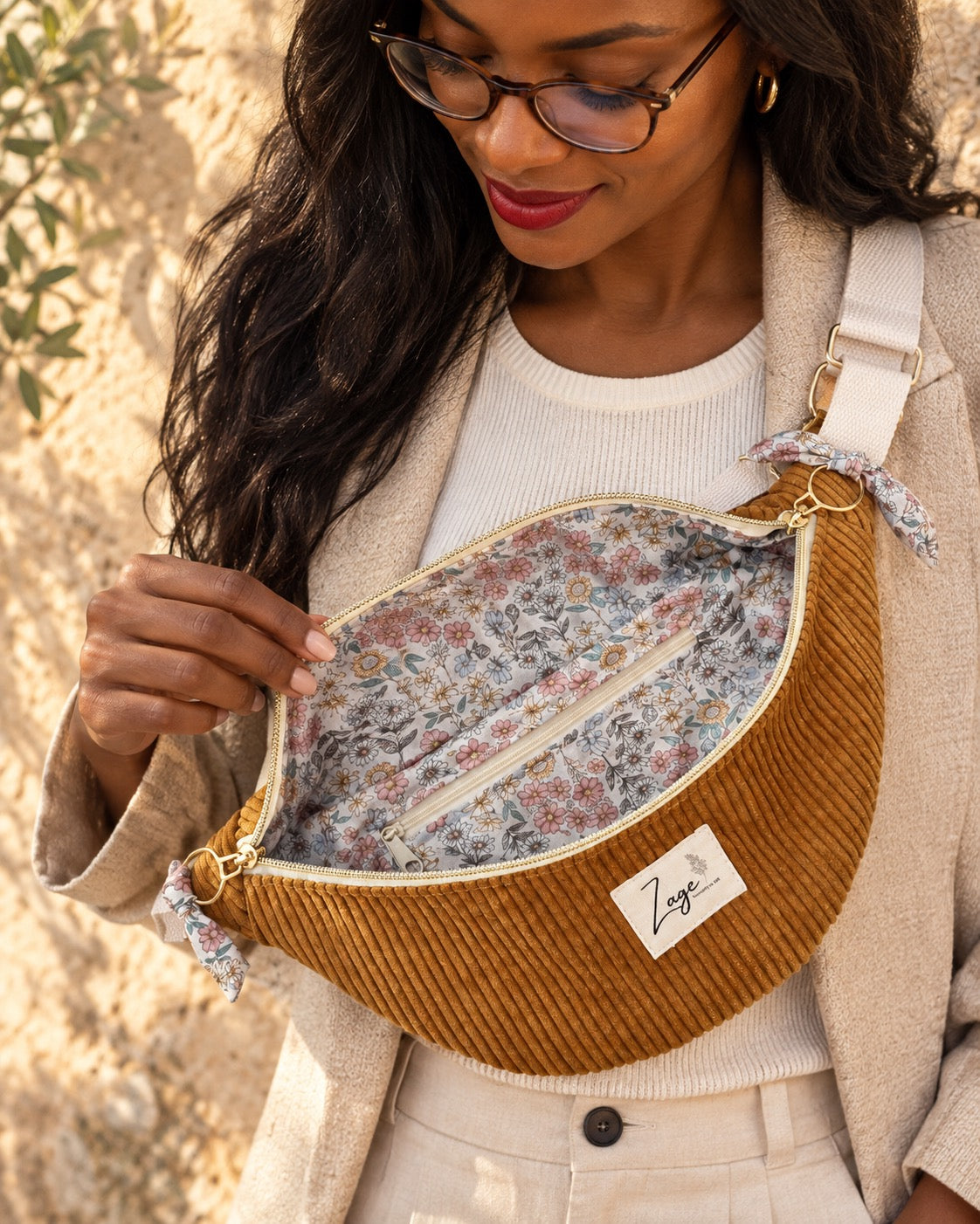 Sac banane femme hiver | Velours côtelé moutarde & doublure fleurieSac Femme Zage Colorful Life