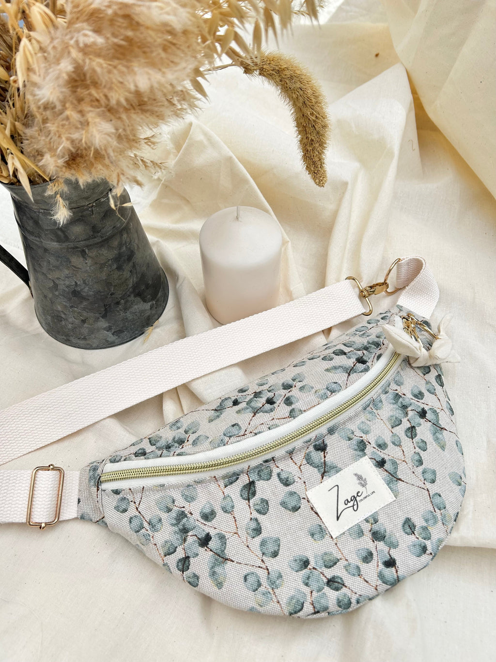 Sac banane femme Eté | Toile de coton motifs eucalyptus & doublure beigeSac Femme Zage Colorful Life