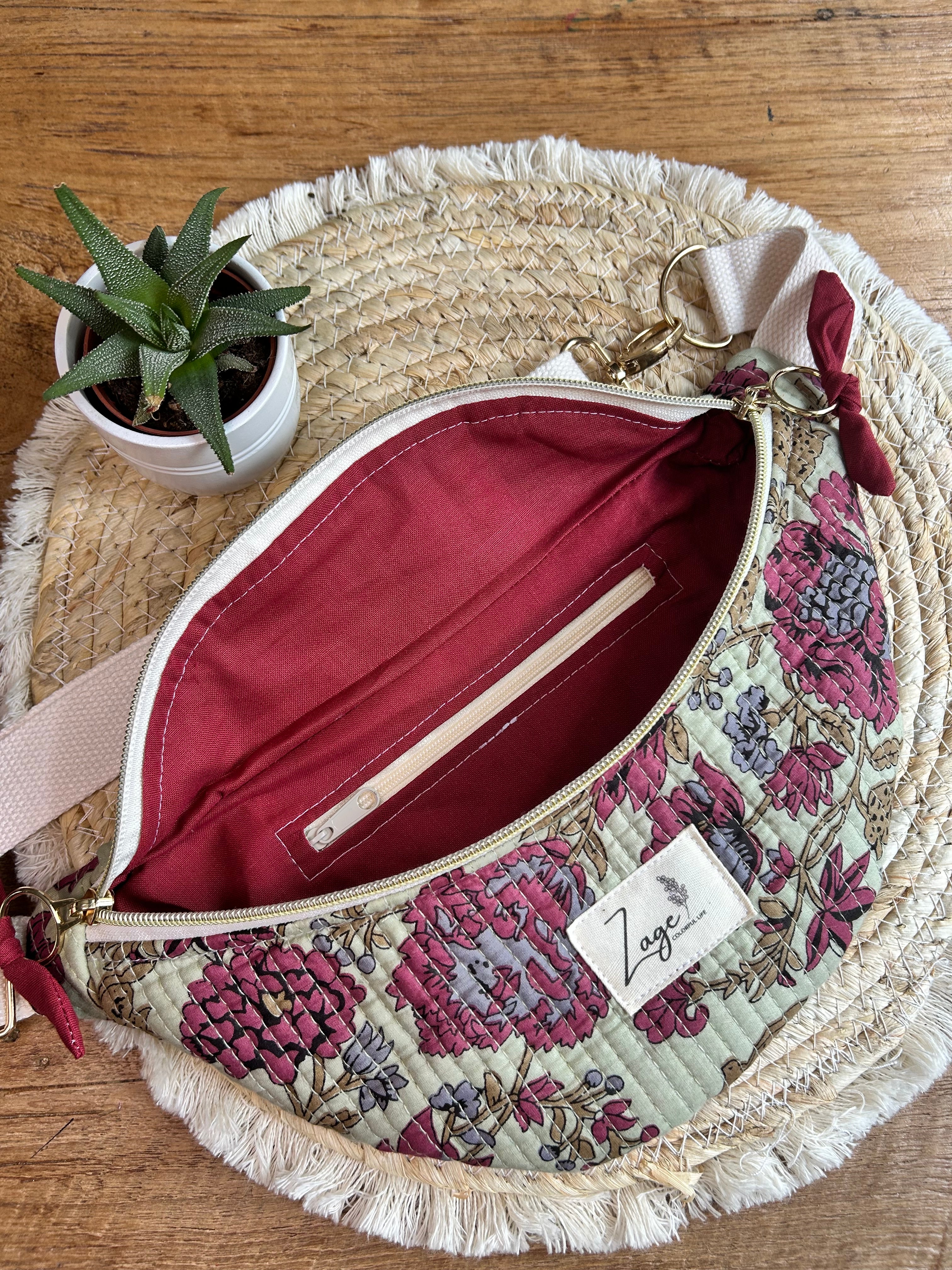 Sac banane femme Matelassé | Tissu matelassé vert fleuri & doublureSac Femme Zage Colorful Life