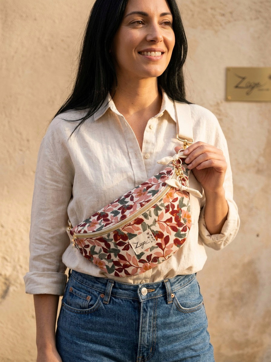 Sac Banane Femme | Gabardine Fleurs roses & doublure beigeSac Femme Zage Colorful Life