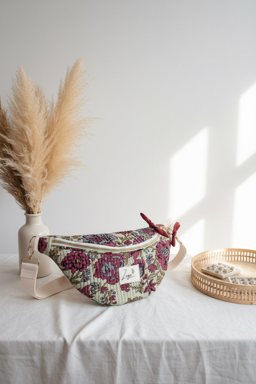 Sac banane femme Matelassé | Tissu matelassé vert fleuri & doublureSac Femme Zage Colorful Life