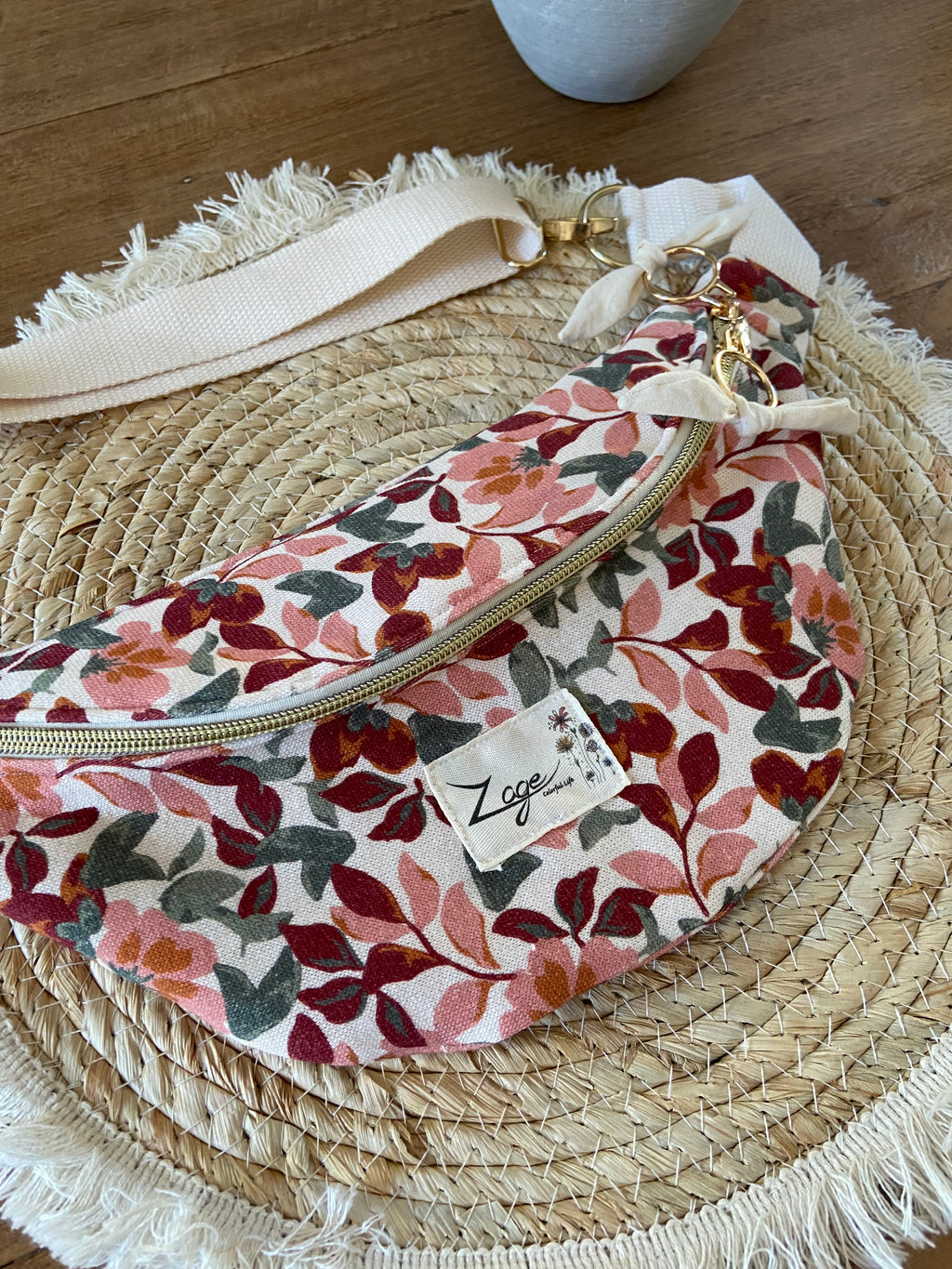 Sac Banane Femme | Gabardine Fleurs roses & doublure beigeSac Femme Zage Colorful Life