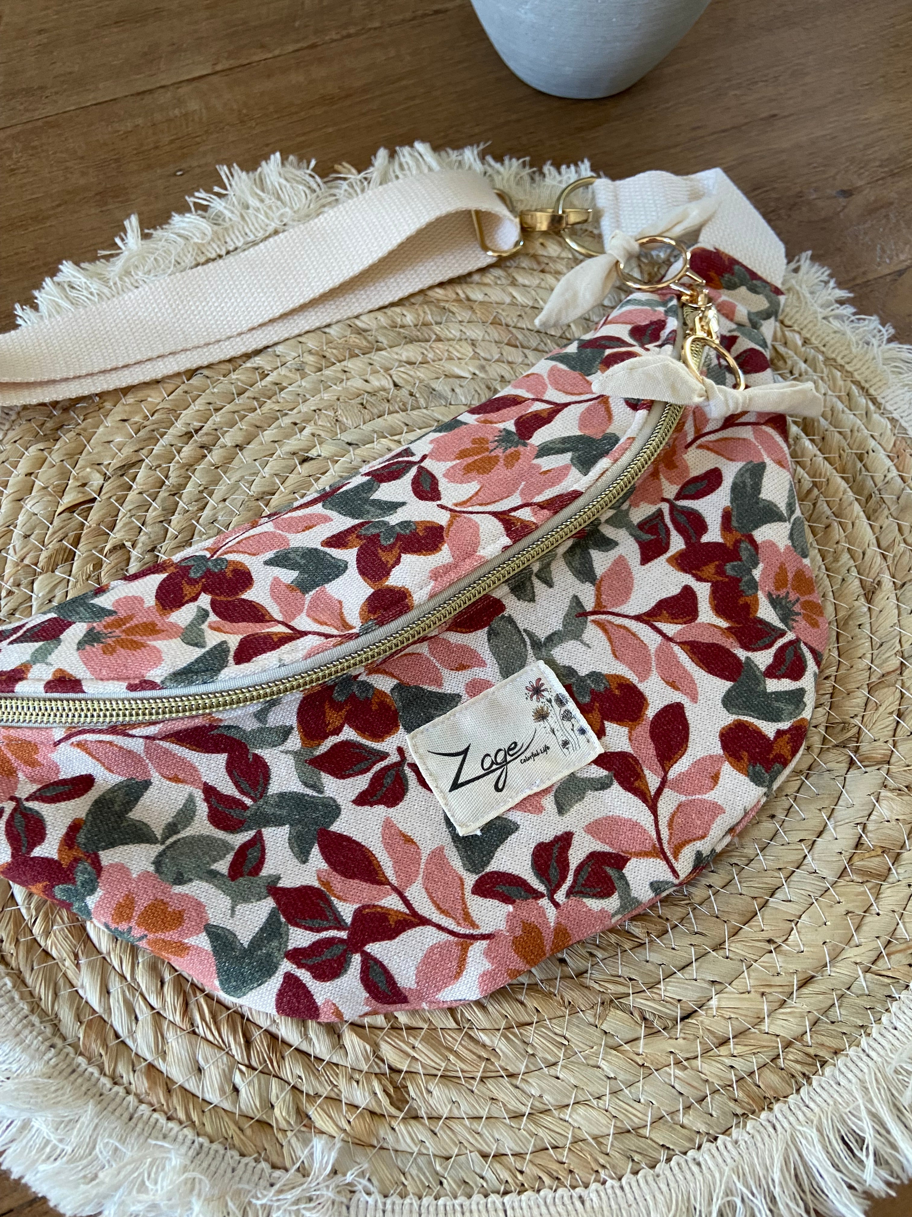 Sac Banane Femme | Gabardine Fleurs roses & doublure beigeSac Femme Zage Colorful Life