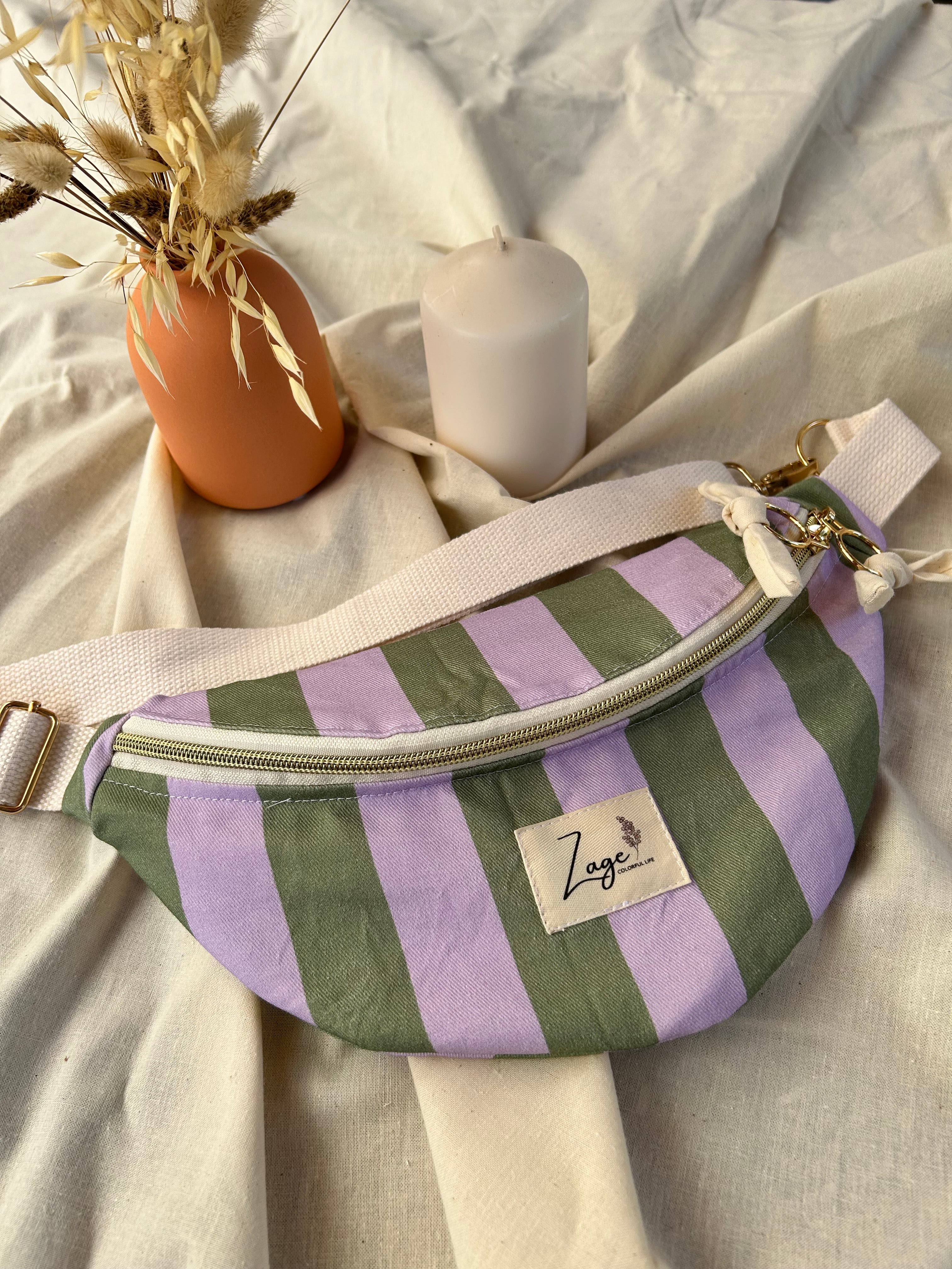 Sac banane femme Eté | Sergé de coton vert et lilas & doublure beigeSac Femme Zage Colorful Life