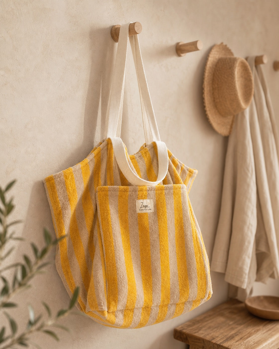 Sac Cabas de plage, Maxi cabas | Éponge rayée jaune et beige & Doublure jauneSac Femme Zage Colorful Life
