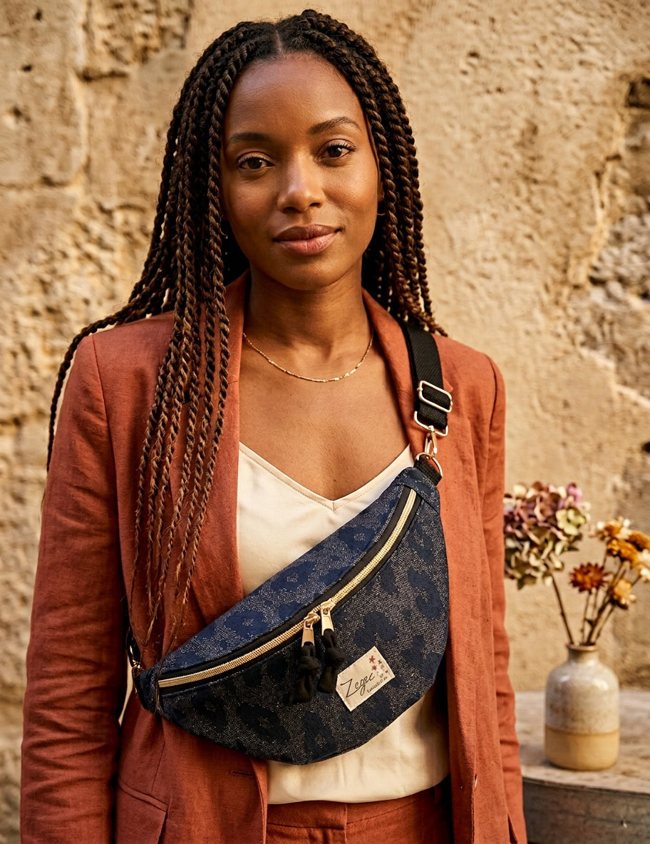 Sac banane femme fête | Jacquard léopard paillettes marine et argentée & doublure noireSac Femme Zage Colorful Life