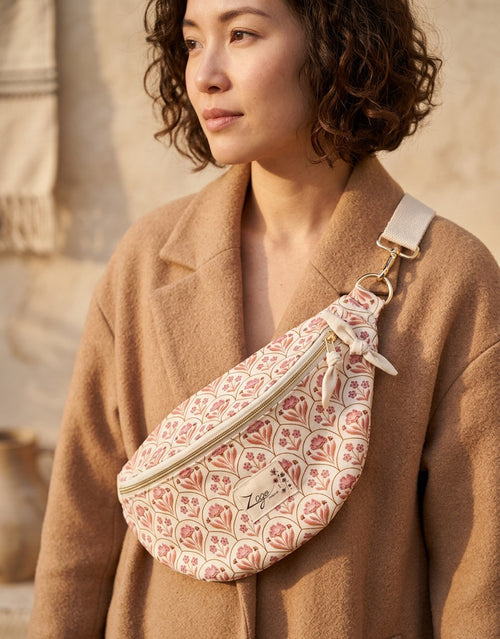 Sac banane femme été | Gabardine fleurie motifs indiens roses & doublure beigeSac Femme Zage Colorful Life
