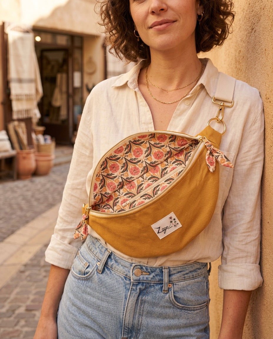 Sac banane femme été | Toile canvas jaune moutarde & doublure fleurie roseSac Femme Zage Colorful Life