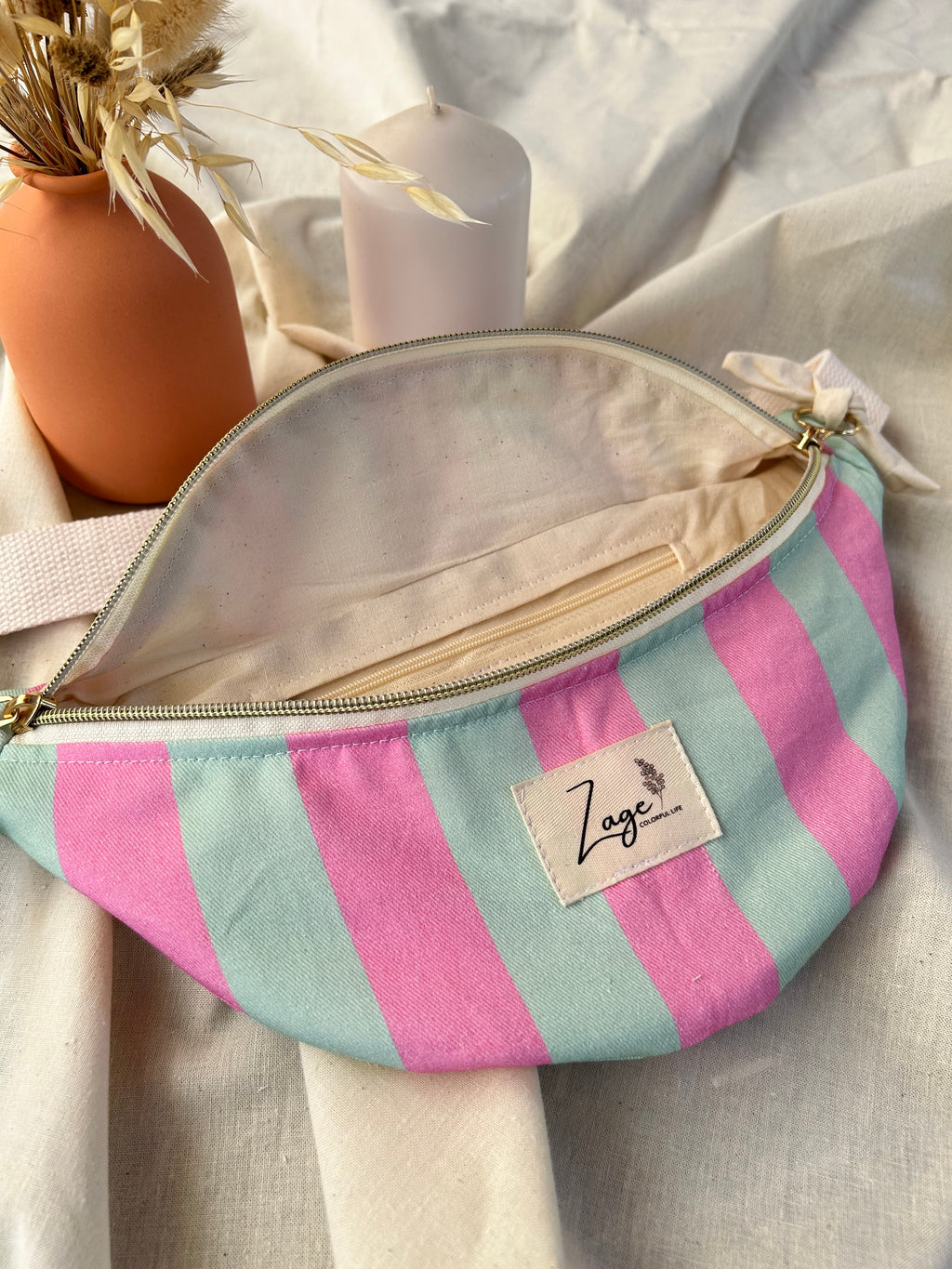 Sac banane femme Eté | Sergé de coton vert menthe et rose & doublure beigeSac Femme Zage Colorful Life