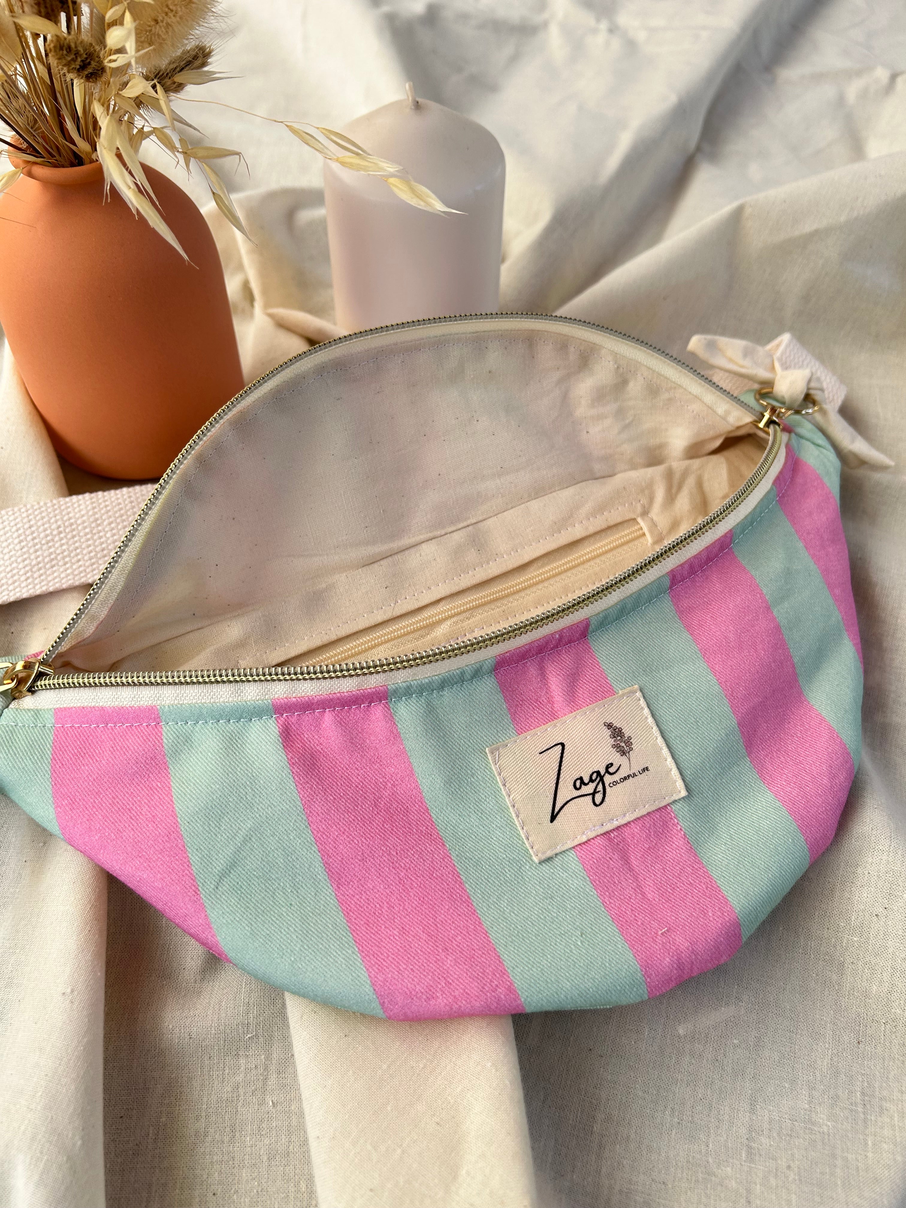 Sac banane femme Eté | Sergé de coton vert menthe et rose & doublure beigeSac Femme Zage Colorful Life