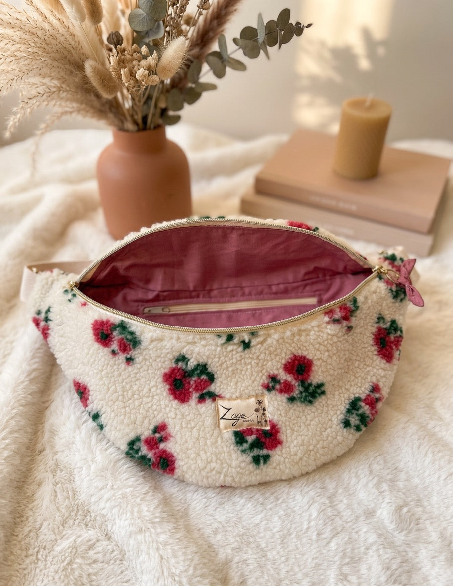 Sac banane femme hiver | Bouclettes/sherpa blanc motifs fleuris roses & doublure roseSac Femme Zage Colorful Life