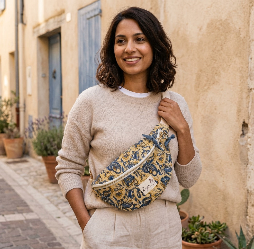Sac Banane Femme | Matelassé motifs Indy bleu sur fond jaune & doublure bleu pétroleSac Femme Zage Colorful Life