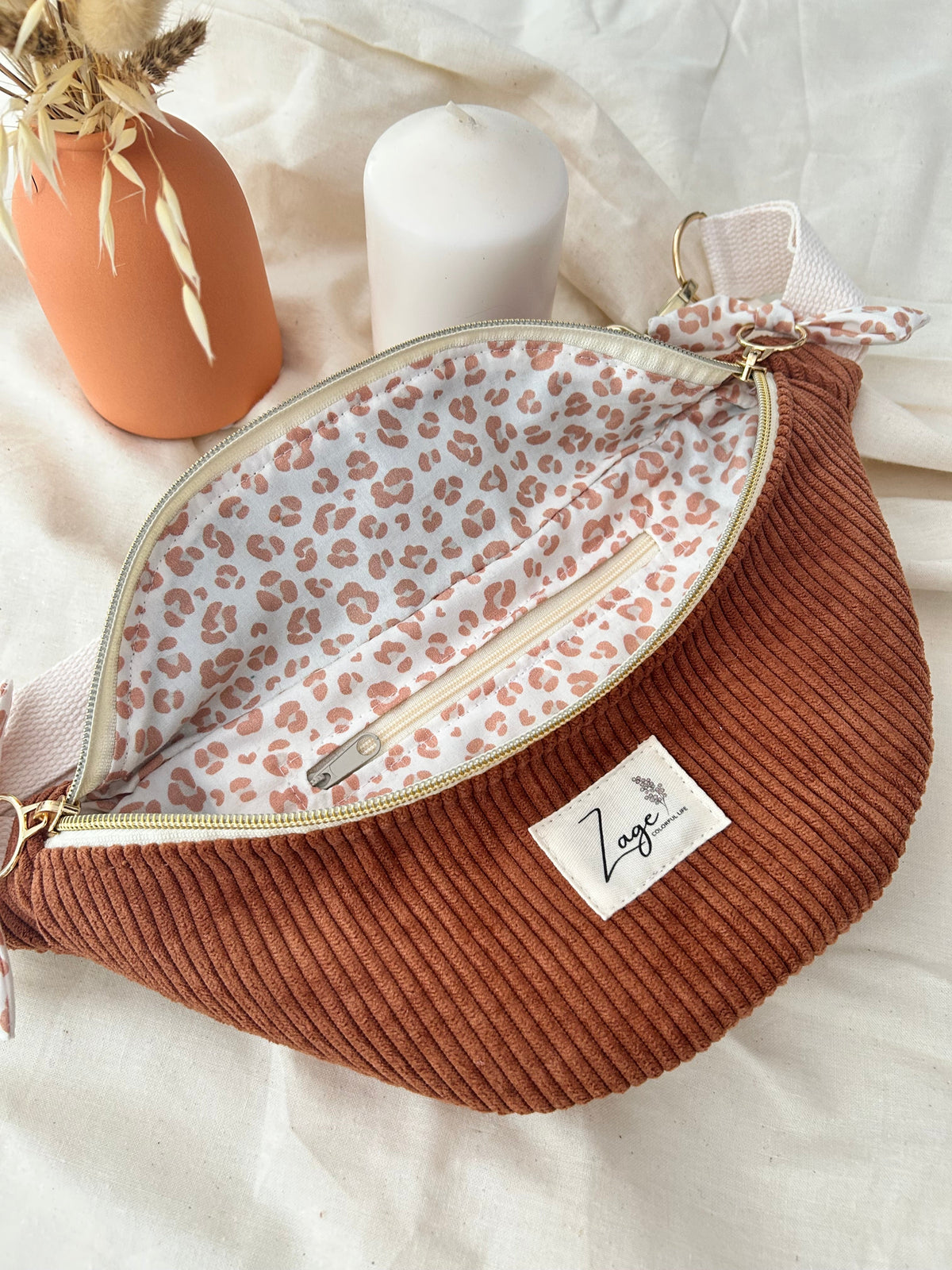 Sac banane femme hiver | Velours côtelé marron & doublure léopard caféSac Femme Zage Colorful Life
