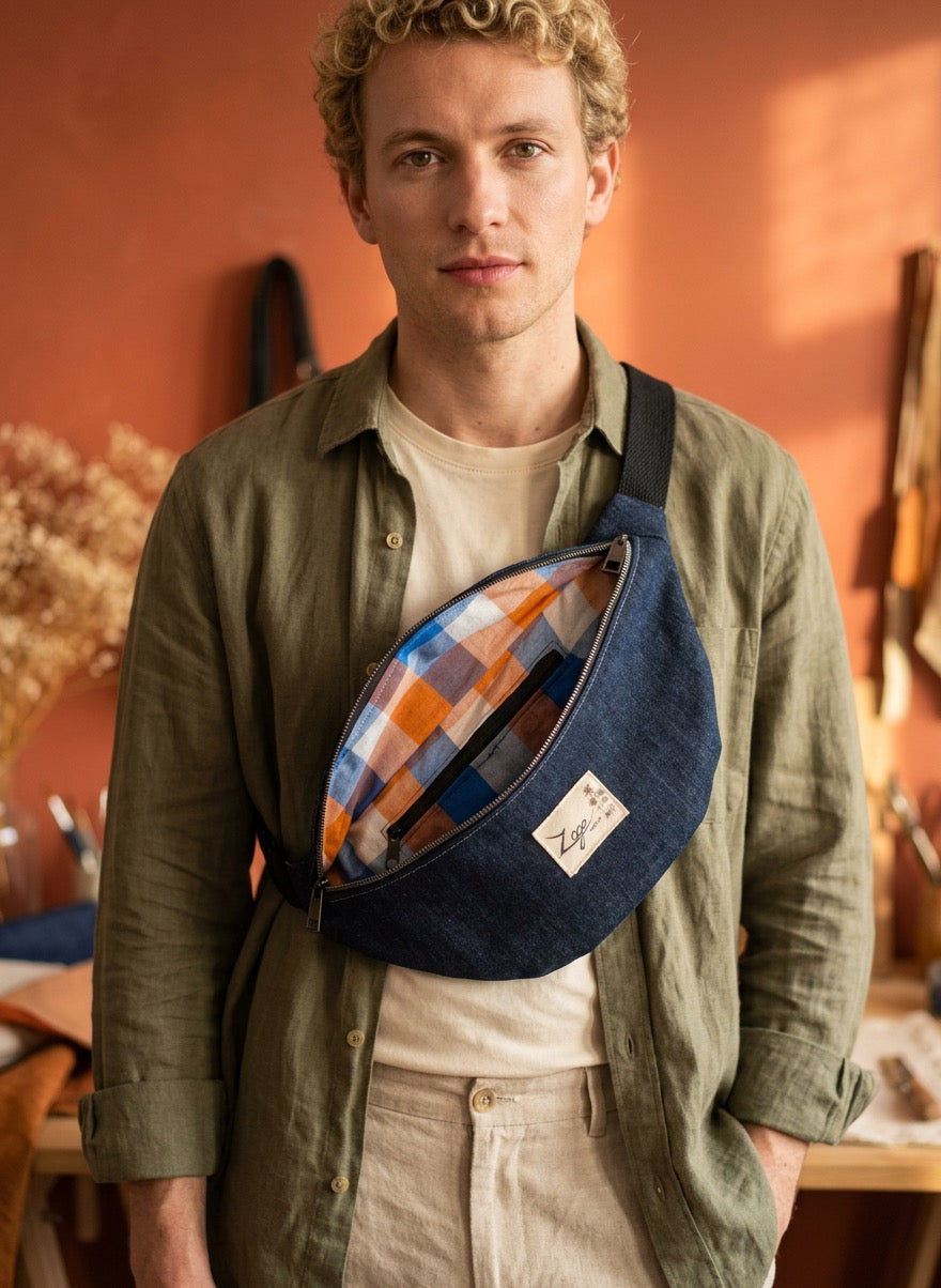 Sac banane Homme | Jeans brut  & doublure carreaux bleu et orangeSac Femme Zage Colorful Life