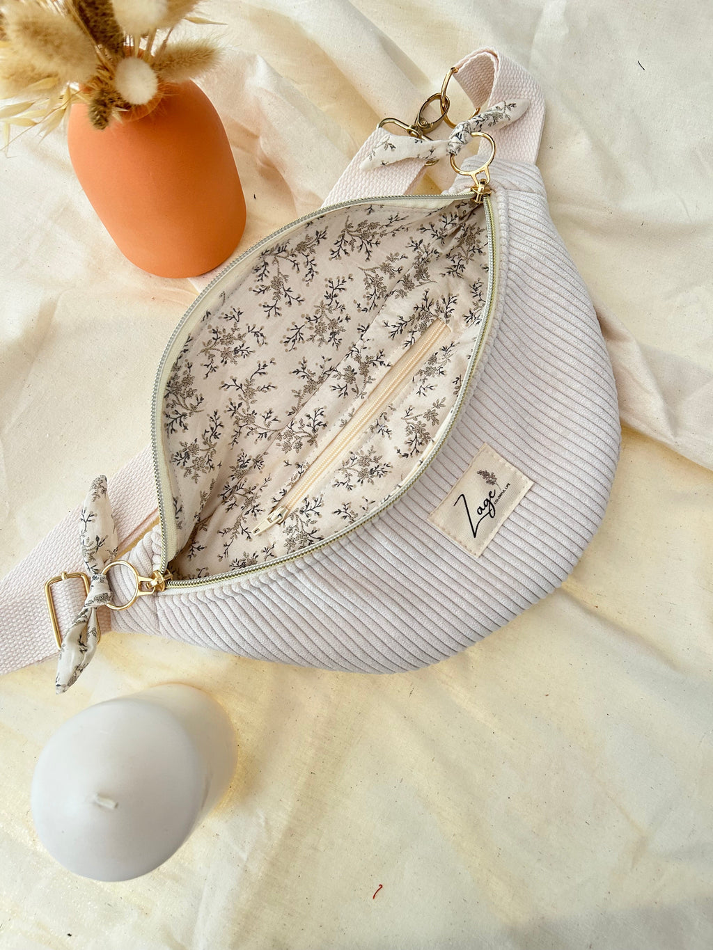 Sac banane femme hiver | Velours côtelé écru  & doublure fleurieSac Femme Zage Colorful Life