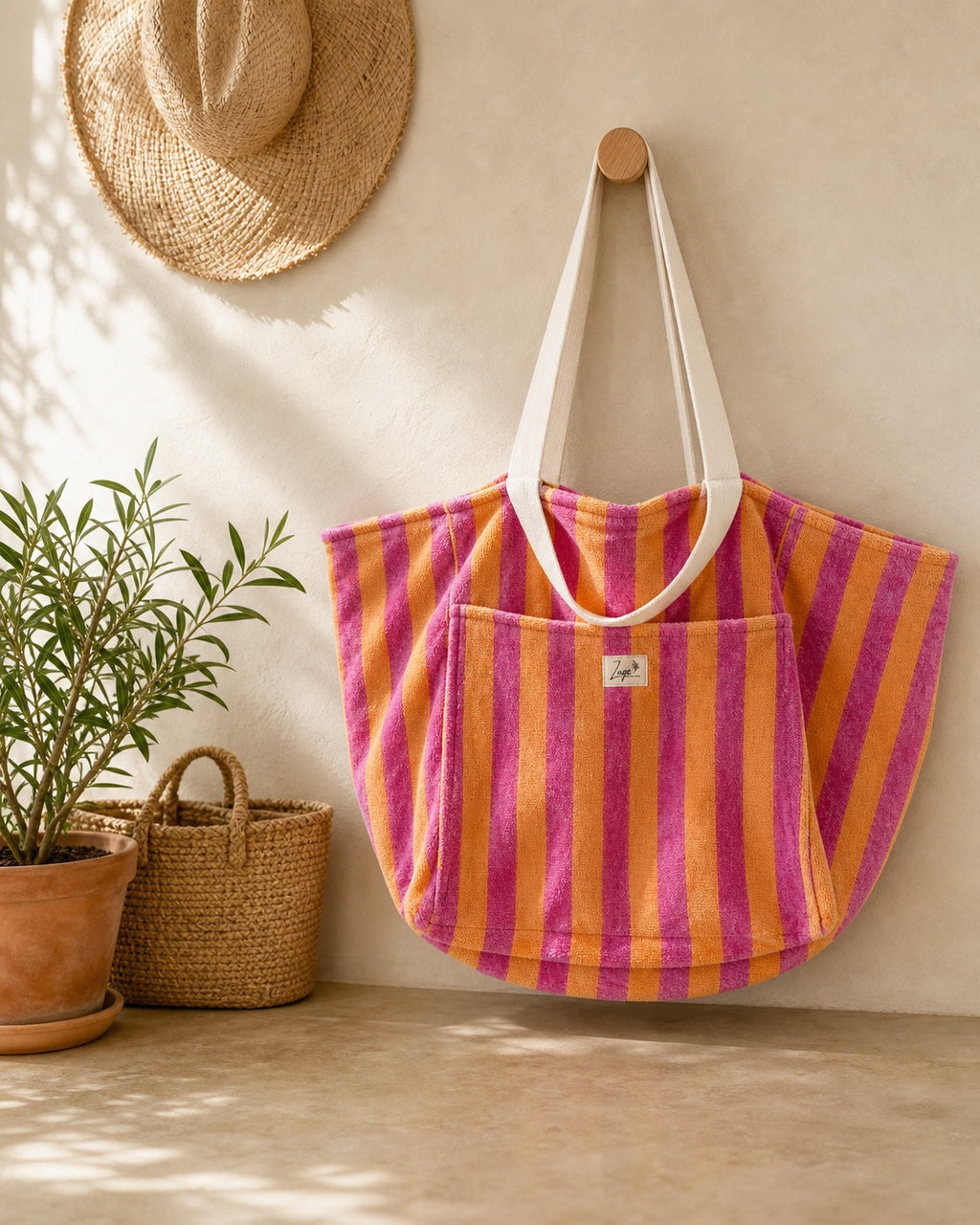 Sac Cabas de plage, Maxi cabas | Éponge rayée rose et orange & Doublure orangeSac Femme Zage Colorful Life