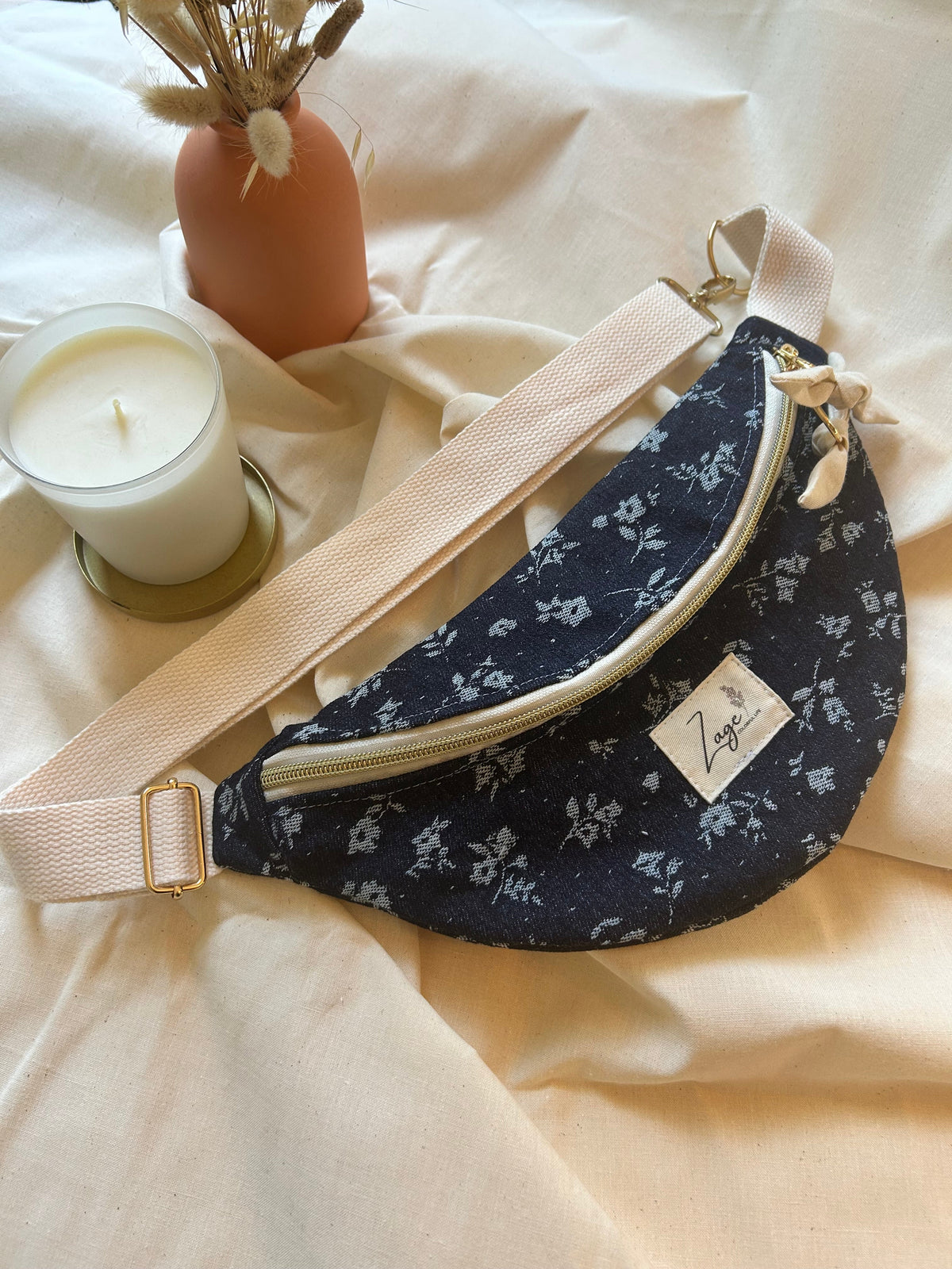 Sac banane femme | Jean fleuri & doublure beigeSac Femme Zage Colorful Life