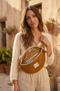Sac banane femme hiver | Velours côtelé marron ocre & doublure fleurie ocreSac Femme Zage Colorful Life