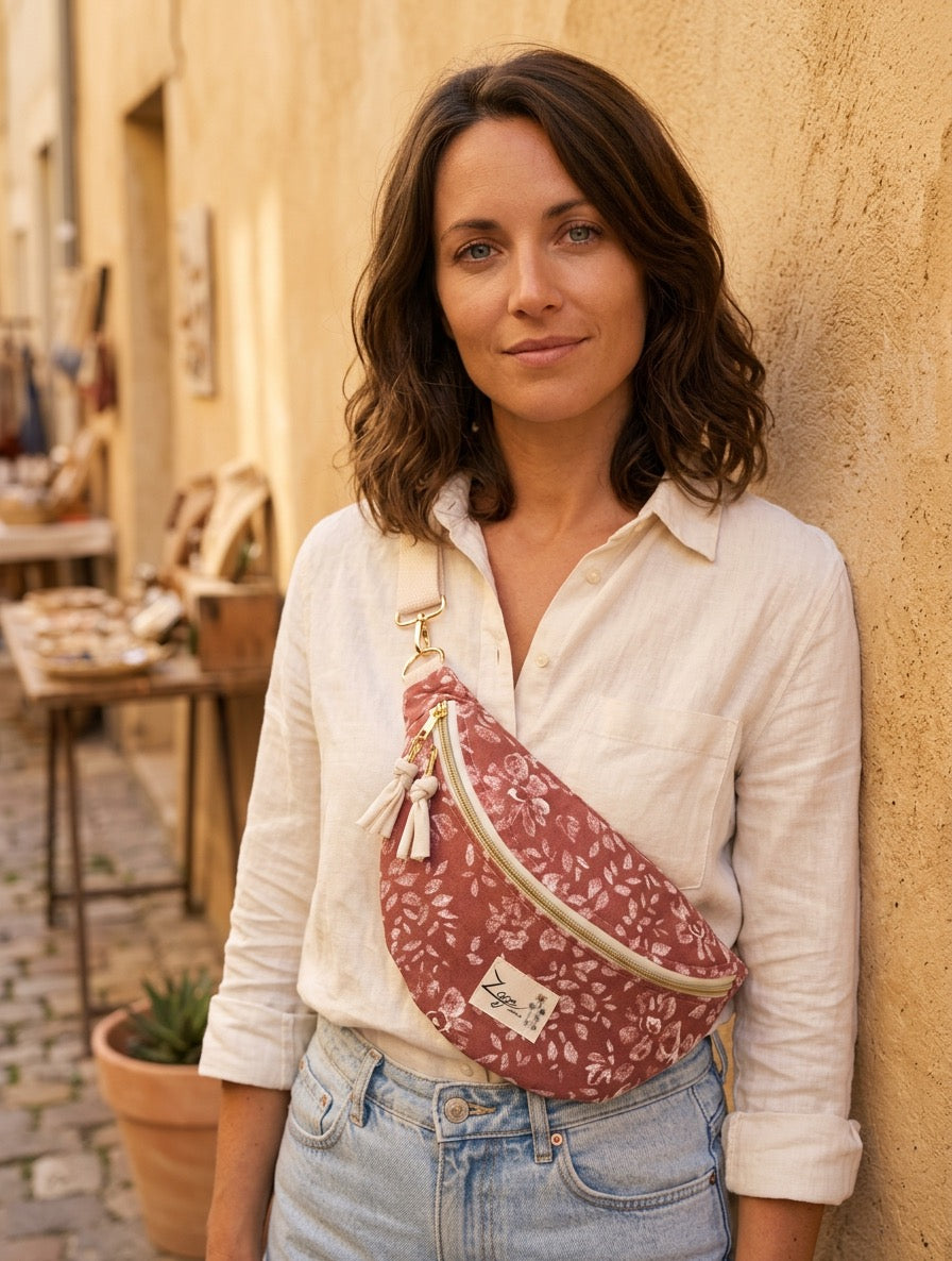 Sac Banane Femme Eté  -  Toile de coton brique fleurie  & doublure beigeSac Femme Zage Colorful Life