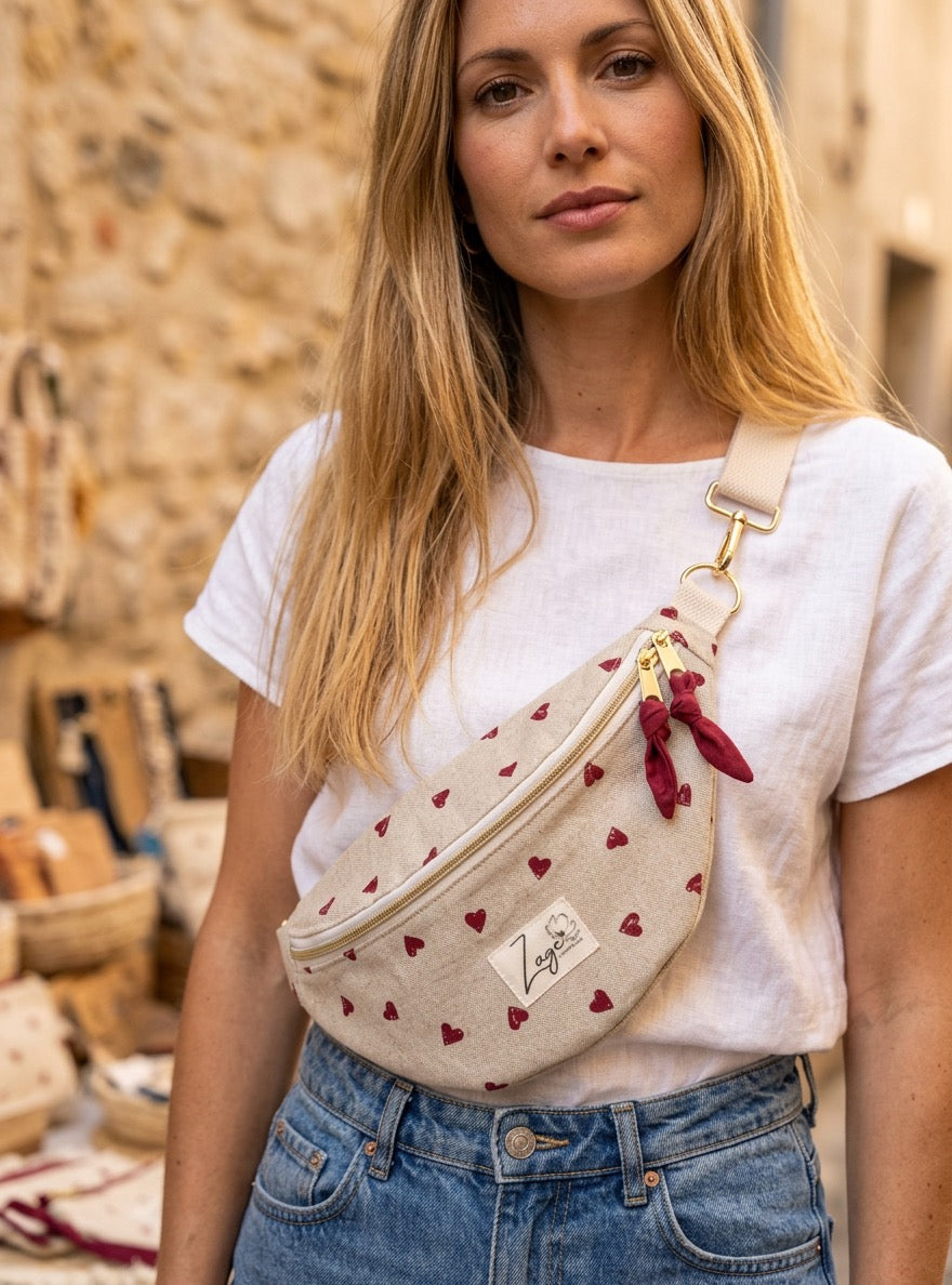 Sac banane femme  | Toile beige cœurs rouges & doublure rougeSac Femme Zage Colorful Life