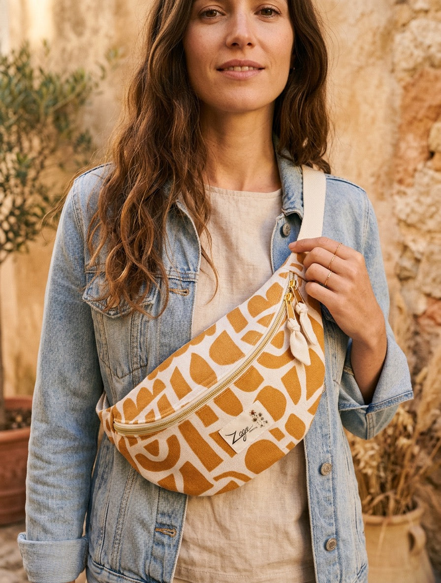 Sac Banane Femme Eté - Toile de coton graphique orange & doublure beigeSac Femme Zage Colorful Life
