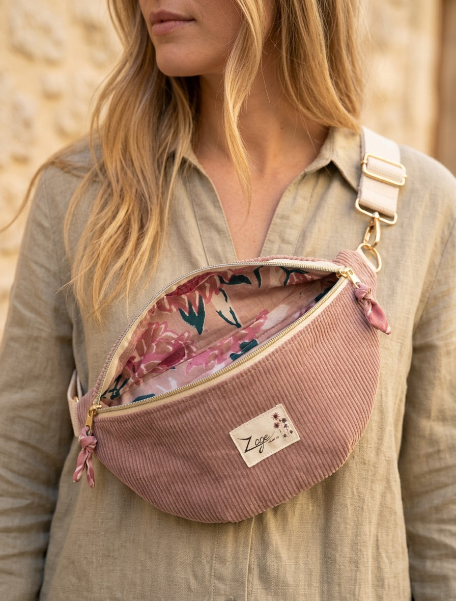 Sac banane femme hiver | Velours côtelé vieux rose & doublure fleurie roseSac Femme Zage Colorful Life