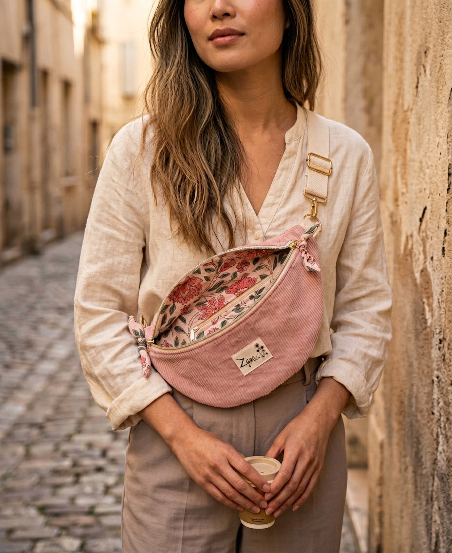 Sac banane femme hiver | Velours côtelé rose & doublure gaze de coton fleuri roseSac Femme Zage Colorful Life