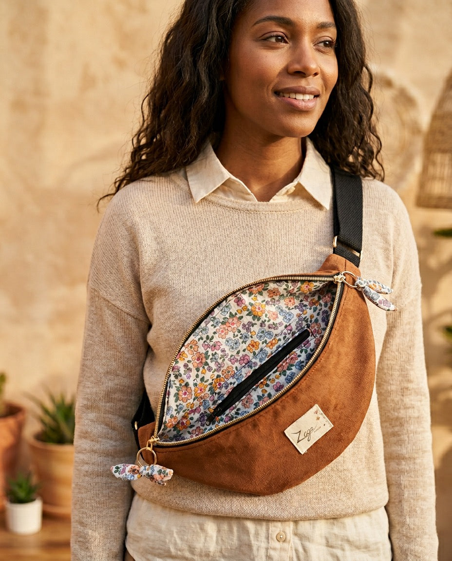 Sac banane femme hiver | Suédine marron & doublure gaze de coton fleurie libertySac Femme Zage Colorful Life