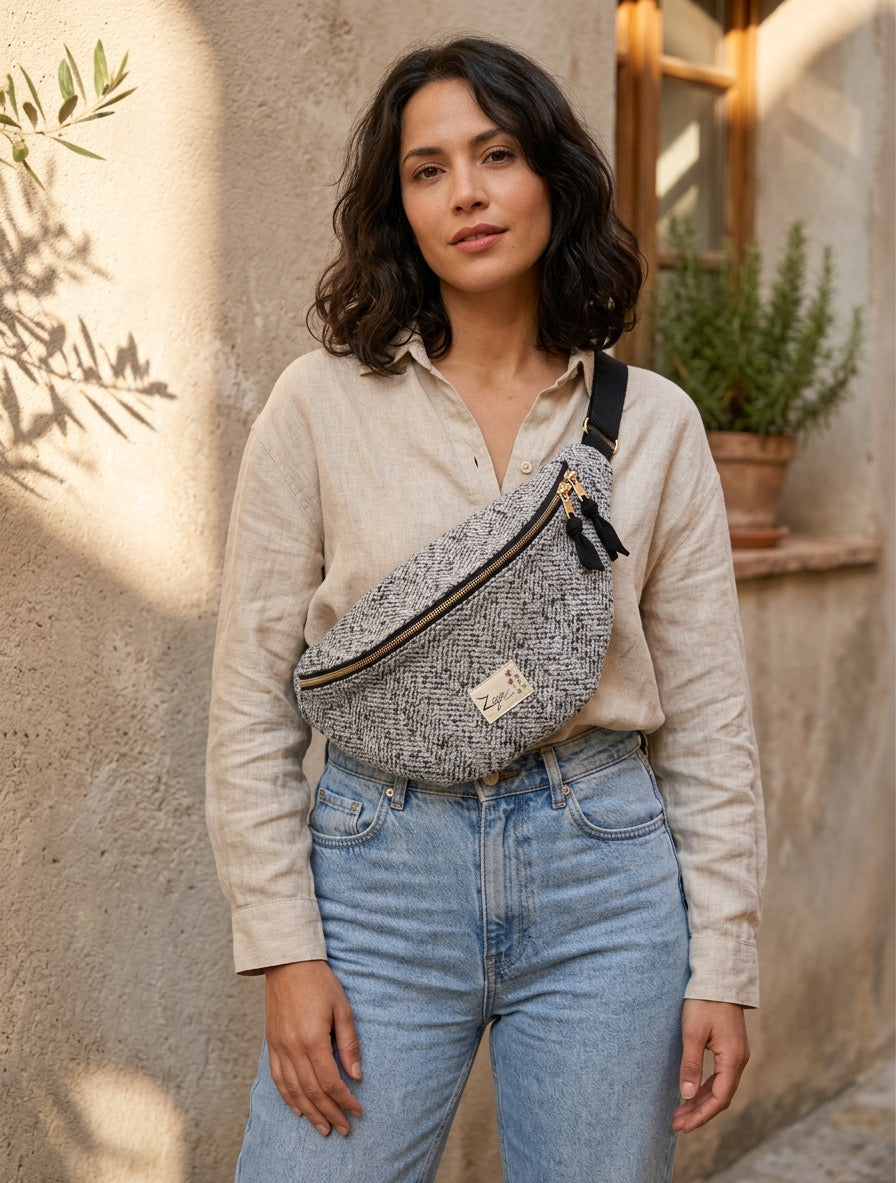 Sac banane femme hiver | Laine mélangée gris noir blanc & doublure noireSac Femme Zage Colorful Life