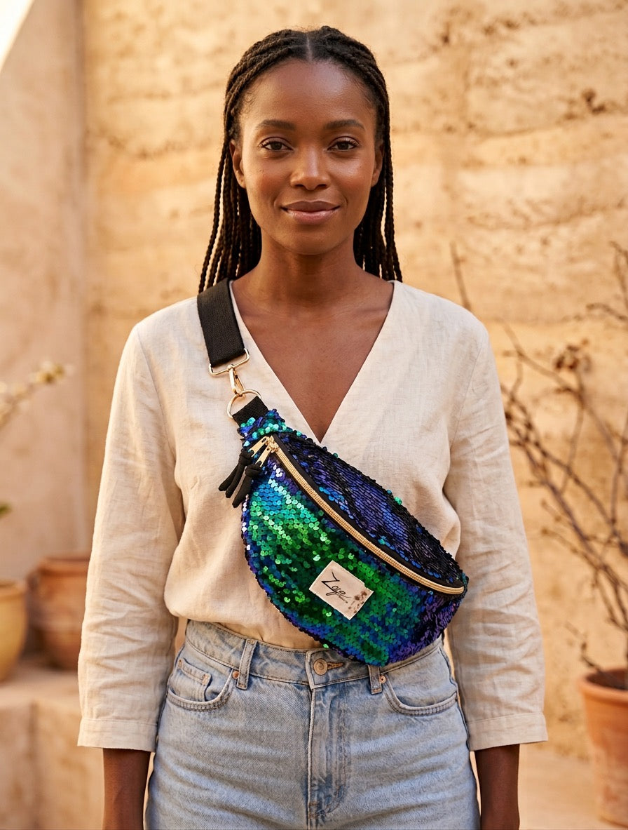 Sac banane femme fête | Sequins caméléon bleu vert violet & doublure noirSac Femme Zage Colorful Life