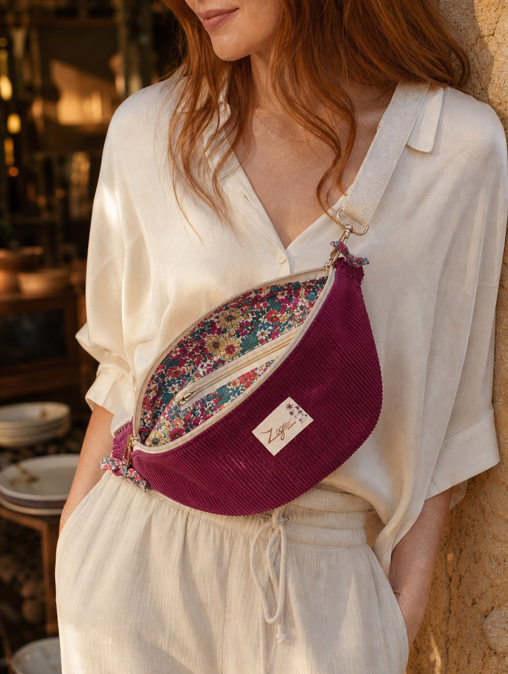 Sac banane femme hiver | Velours côtelé bordeau & doublure liberty vert et roseSac Femme Zage Colorful Life