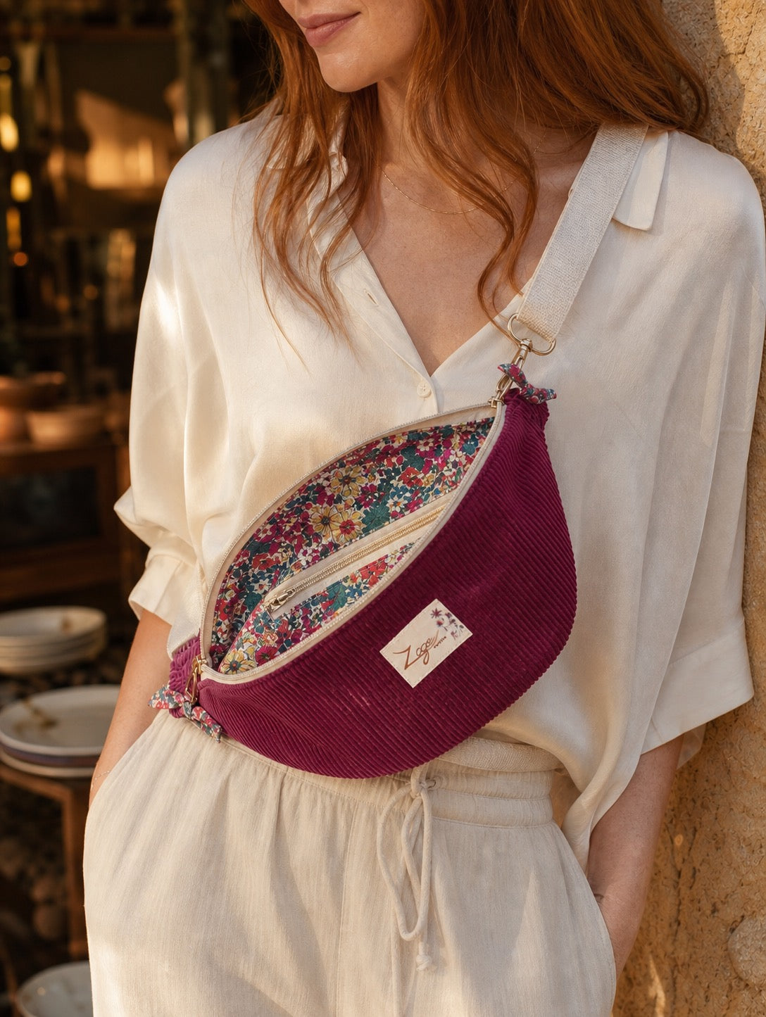 Sac banane femme hiver | Velours côtelé bordeau & doublure liberty vert et roseSac Femme Zage Colorful Life