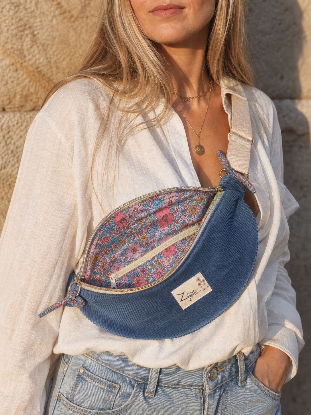Sac banane femme hiver | Velours côtelé bleu & doublure liberty bleu et roseSac Femme Zage Colorful Life
