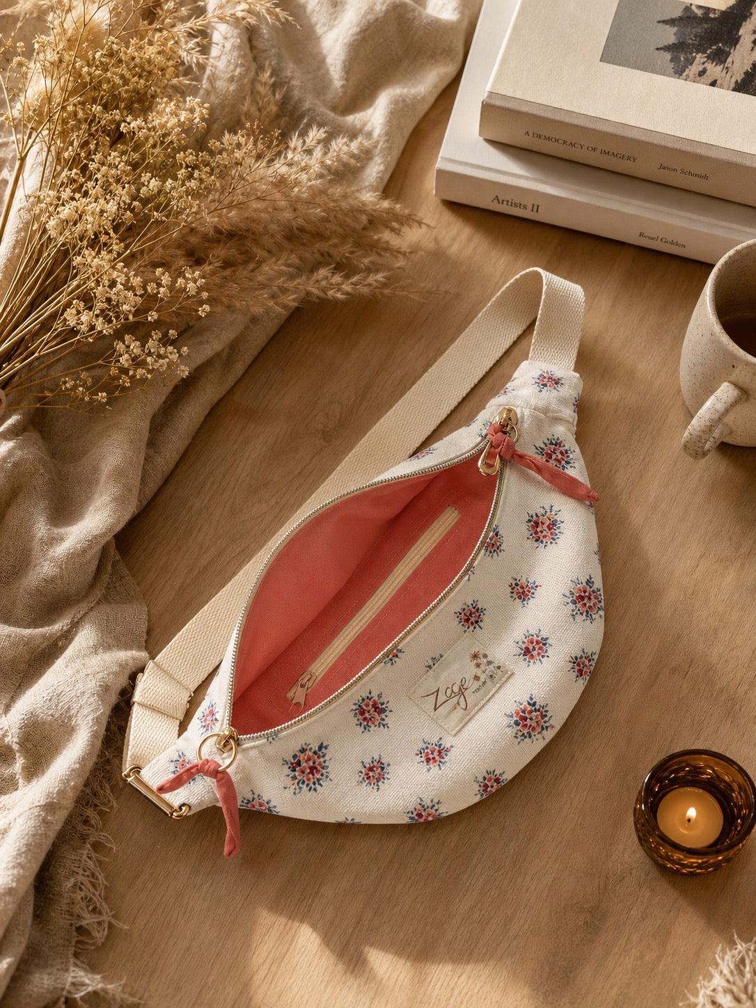 Sac banane femme Hiver | Velours côtelé blanc et fleuri & doublure roseSac Femme Zage Colorful Life
