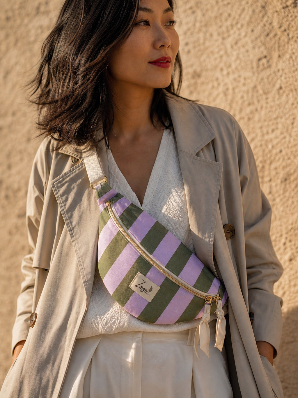 Sac banane femme Eté | Sergé de coton vert et lilas & doublure beigeSac Femme Zage Colorful Life